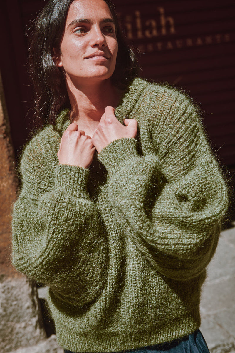 LUCIE Batwing Sweater in Mohair Wool - Olive Green