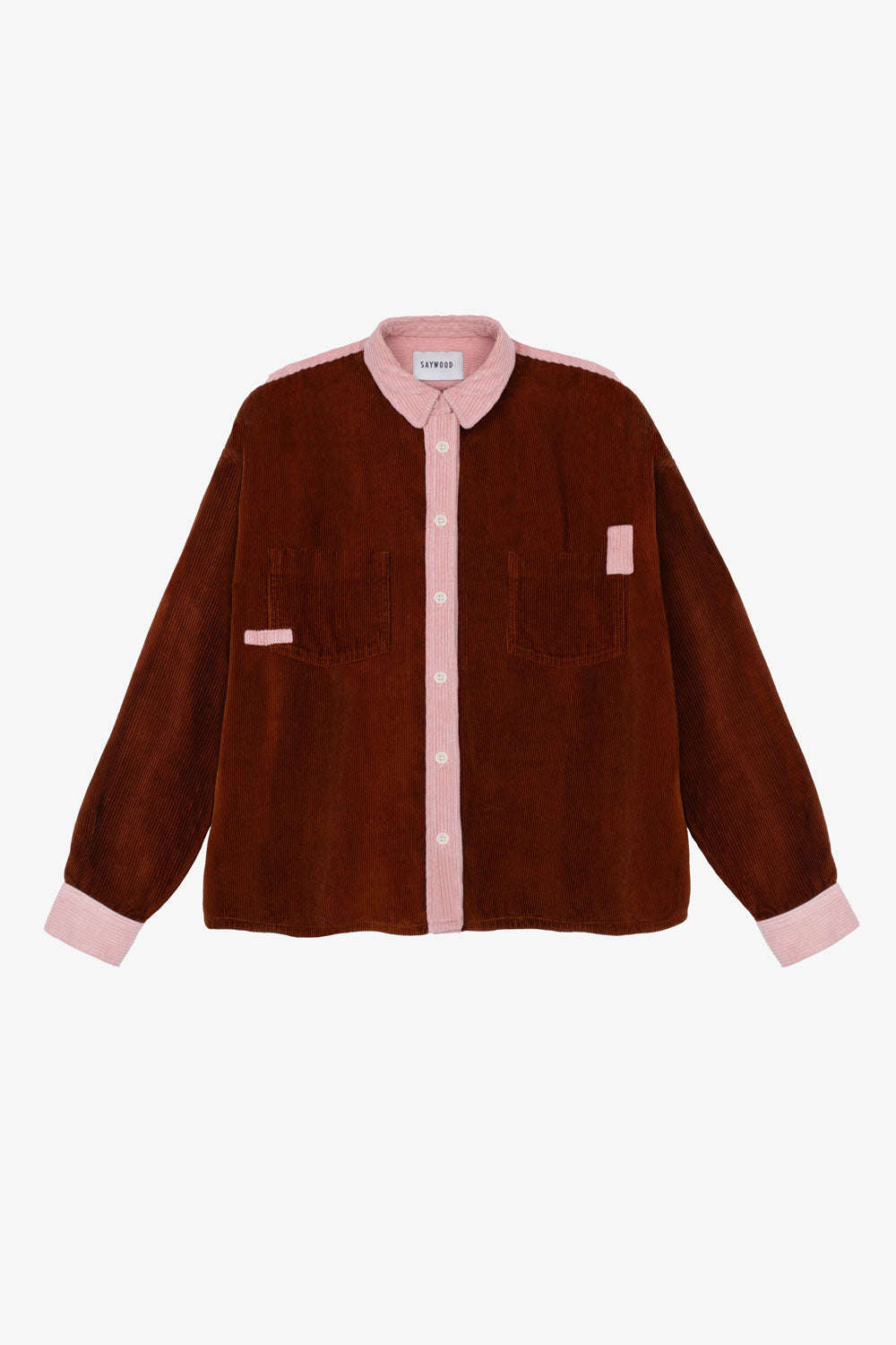 Women's brown caramel corduroy boxy shirt, with pink corduroy colourblocking on the collar, yoke, cuffs and placket. Lela Boxy Shirt in caramel organic cotton corduroy with pink cotton corduroy, by Saywood. Sustainably made from surplus fabrics in the UK.