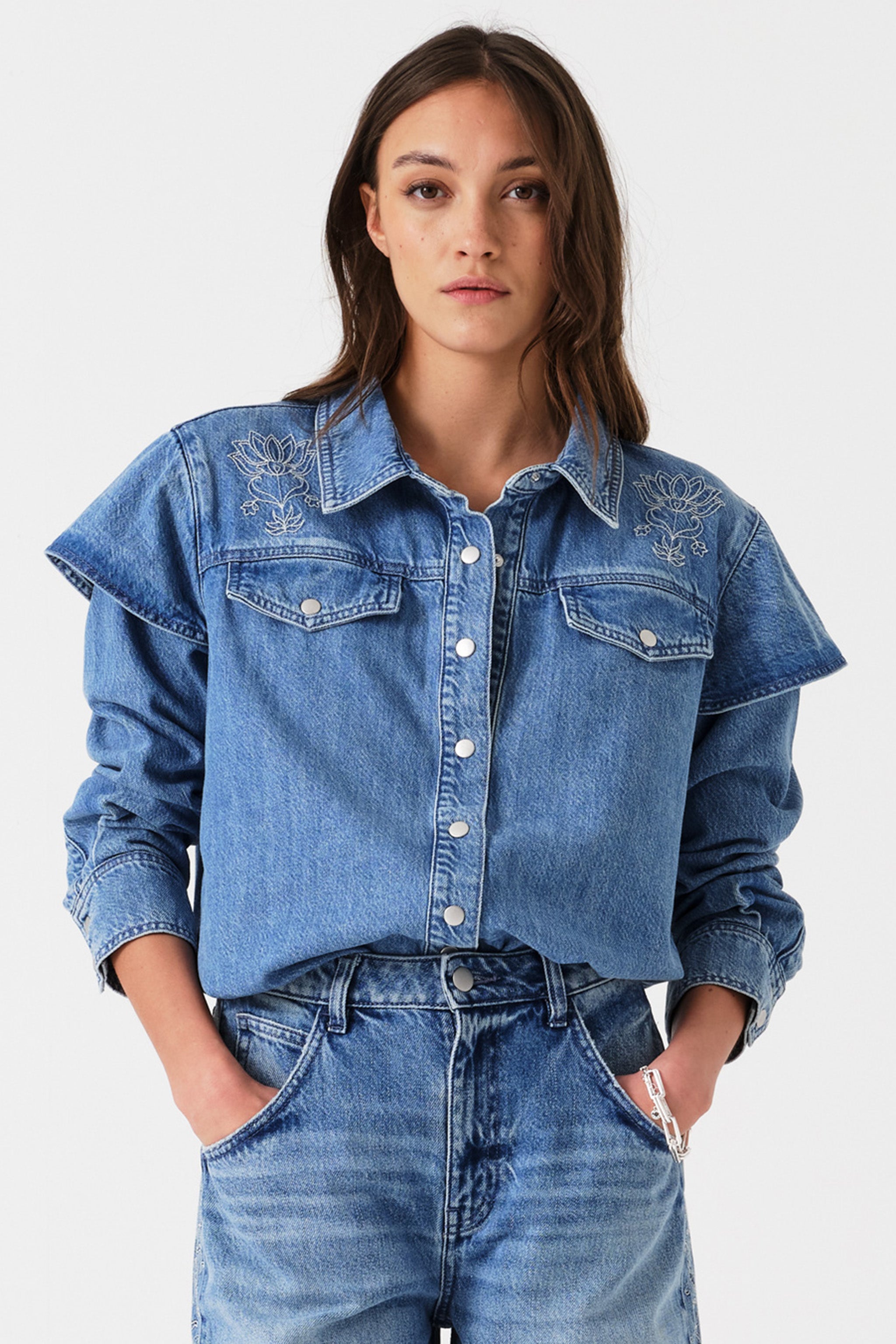 Juno Embroidered Denim Shirt in Malibu