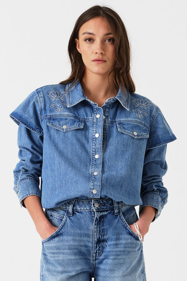 Juno Embroidered Denim Shirt in Malibu