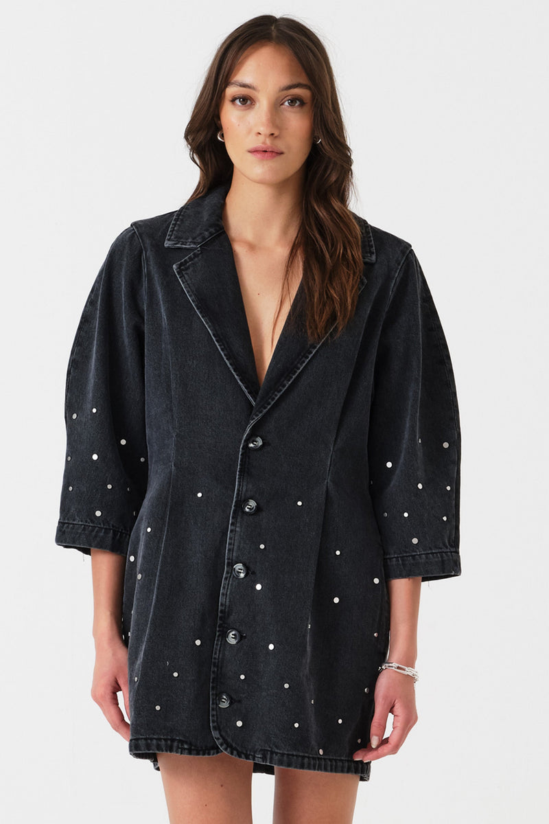 Bette Studded Denim Mini Dress in Raven