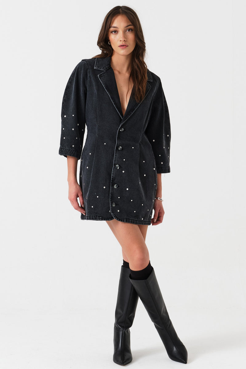 Bette Studded Denim Mini Dress in Raven