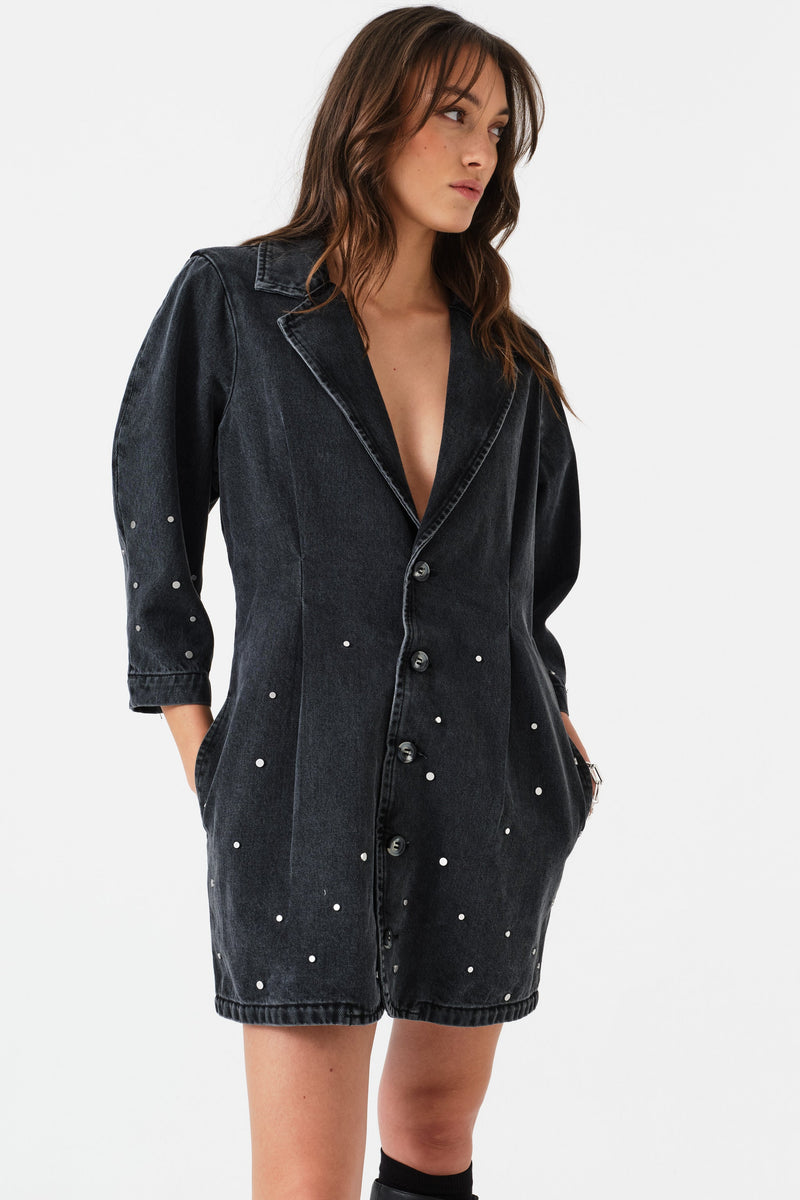 Bette Studded Denim Mini Dress in Raven