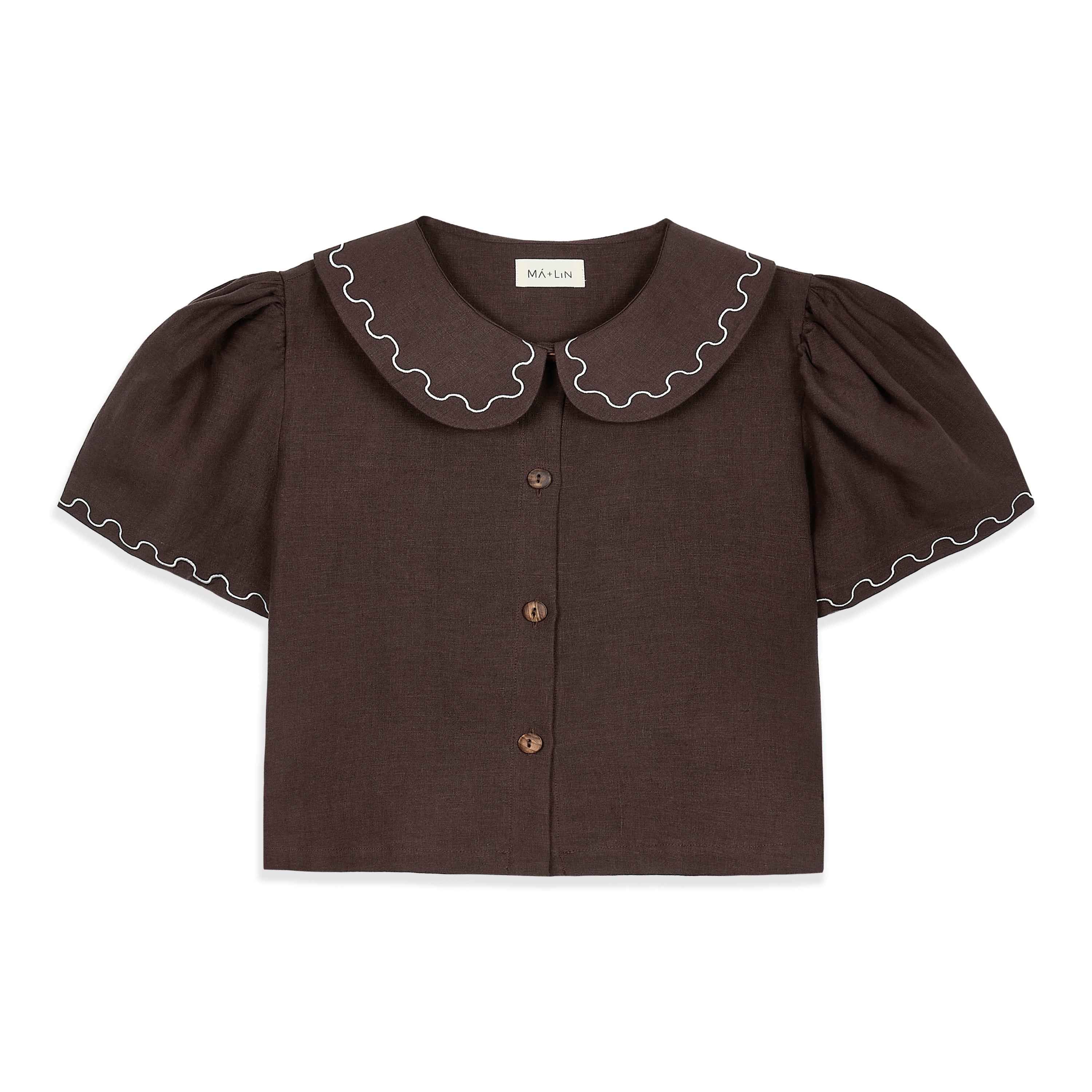 Frances Linen Cropped Blouse with Embroidered Trims  - Chocolate