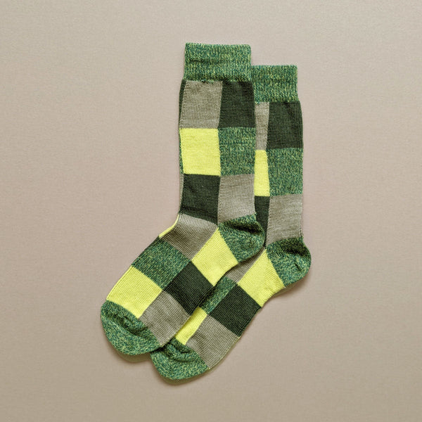 Merino Wool Chequerboard Socks Green and Yellow