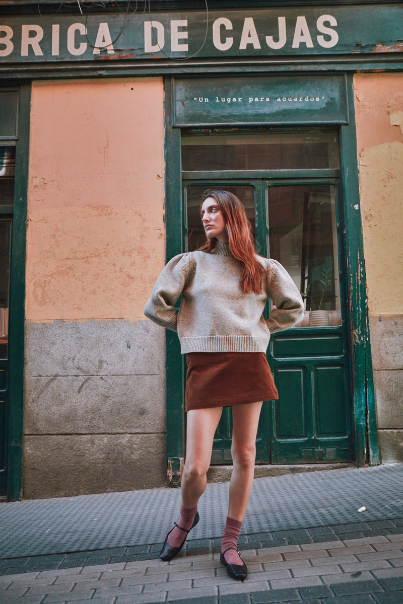NATHALIE Puff Sleeve Sweater in Merino Wool - Beige