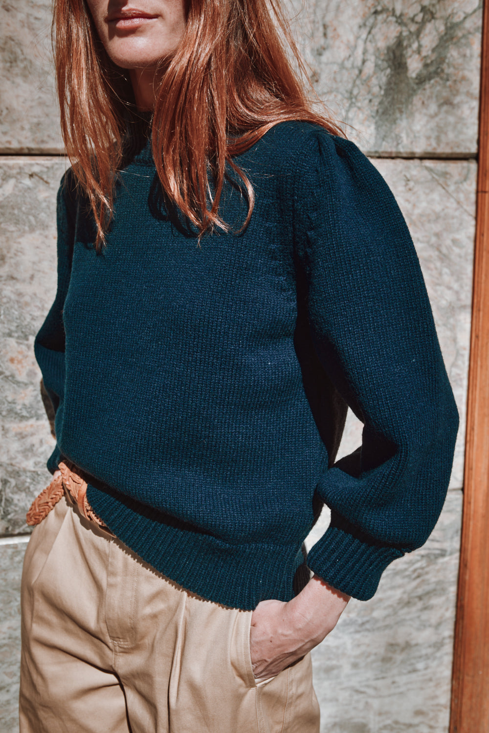 NATHALIE Puff Sleeve Sweater in Merino Wool - Navy Blue | L'Envers
