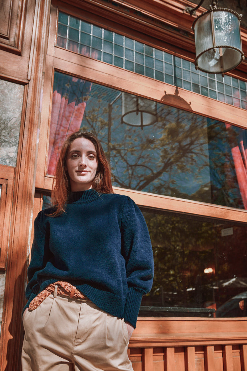 NATHALIE Puff Sleeve Sweater in Merino Wool - Navy