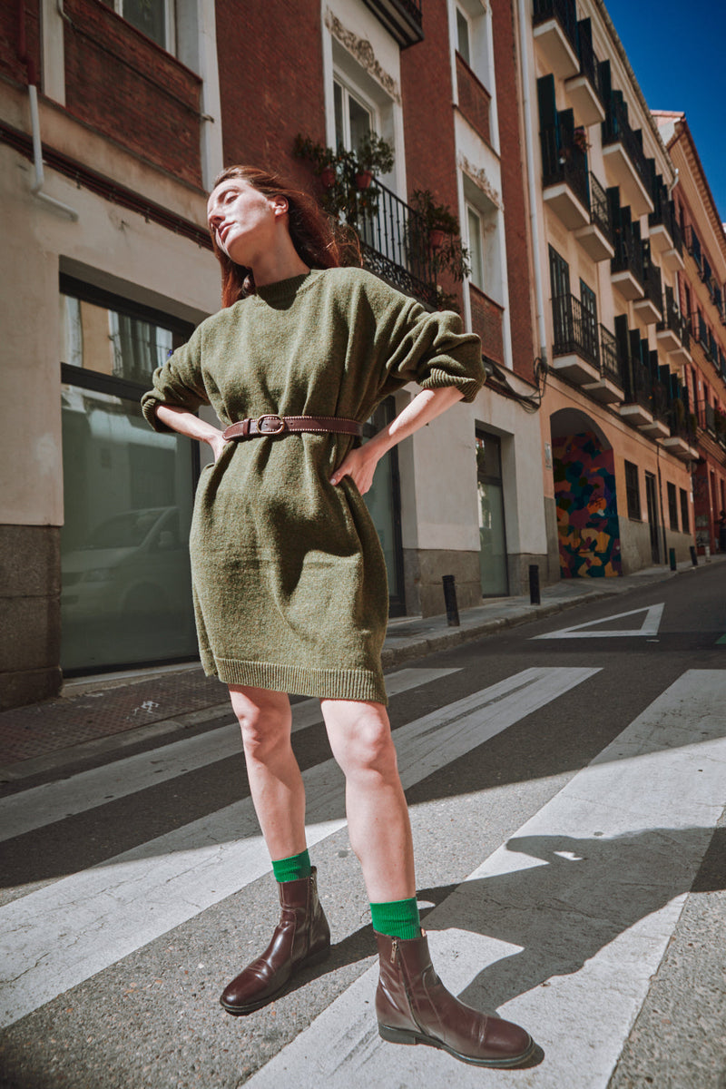 PERRINE Sweater Dress in Merino Wool - Olive Green