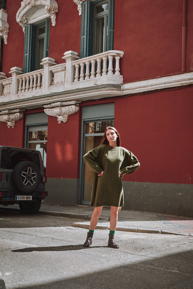 PERRINE Sweater Dress in Merino Wool - Olive Green