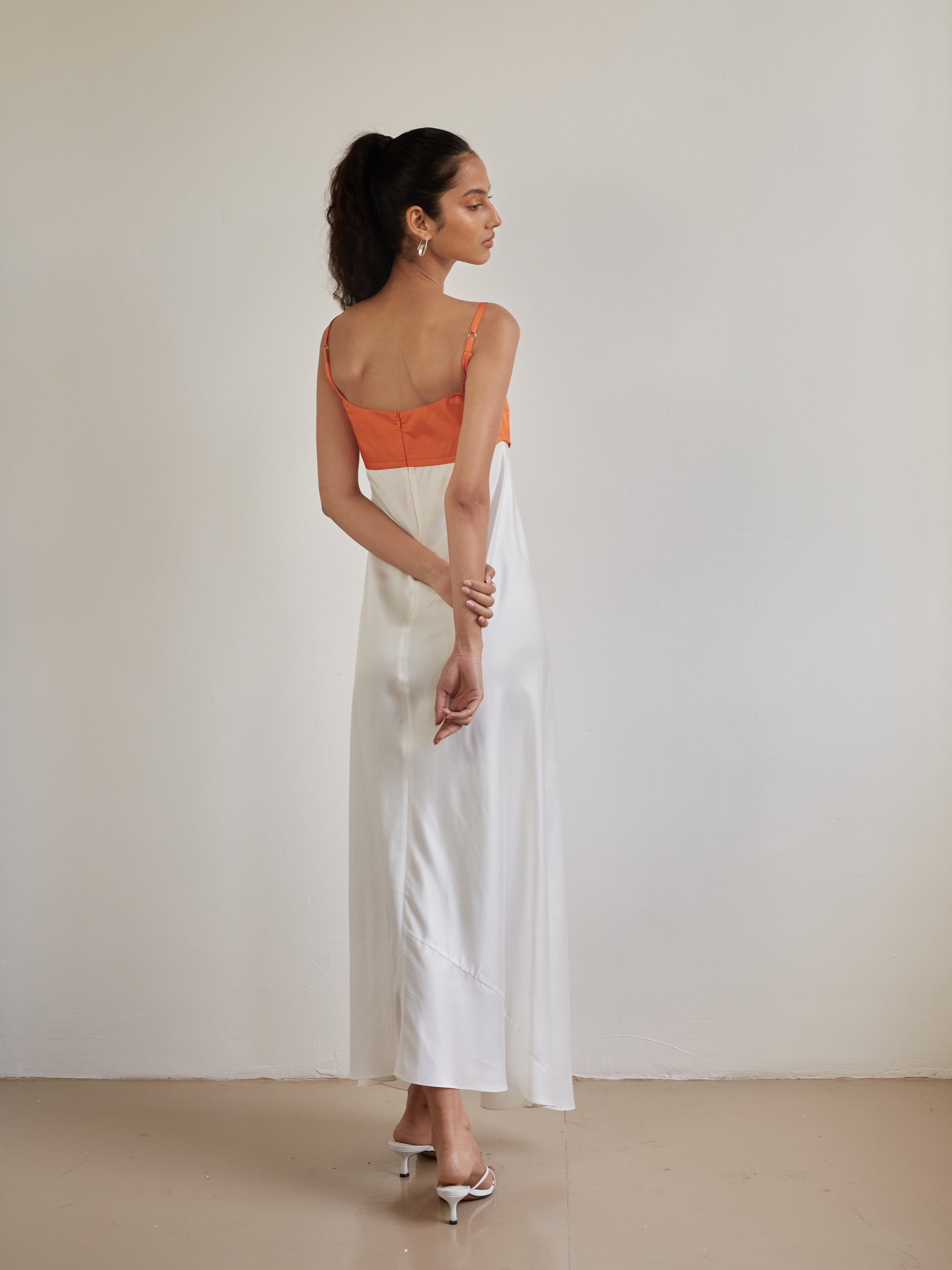 Persephone Bodice Maxi Dress in Tangerine/Off-White