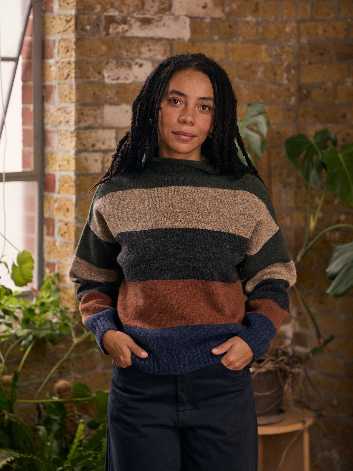Striped Funnel Neck Sweater | Moss