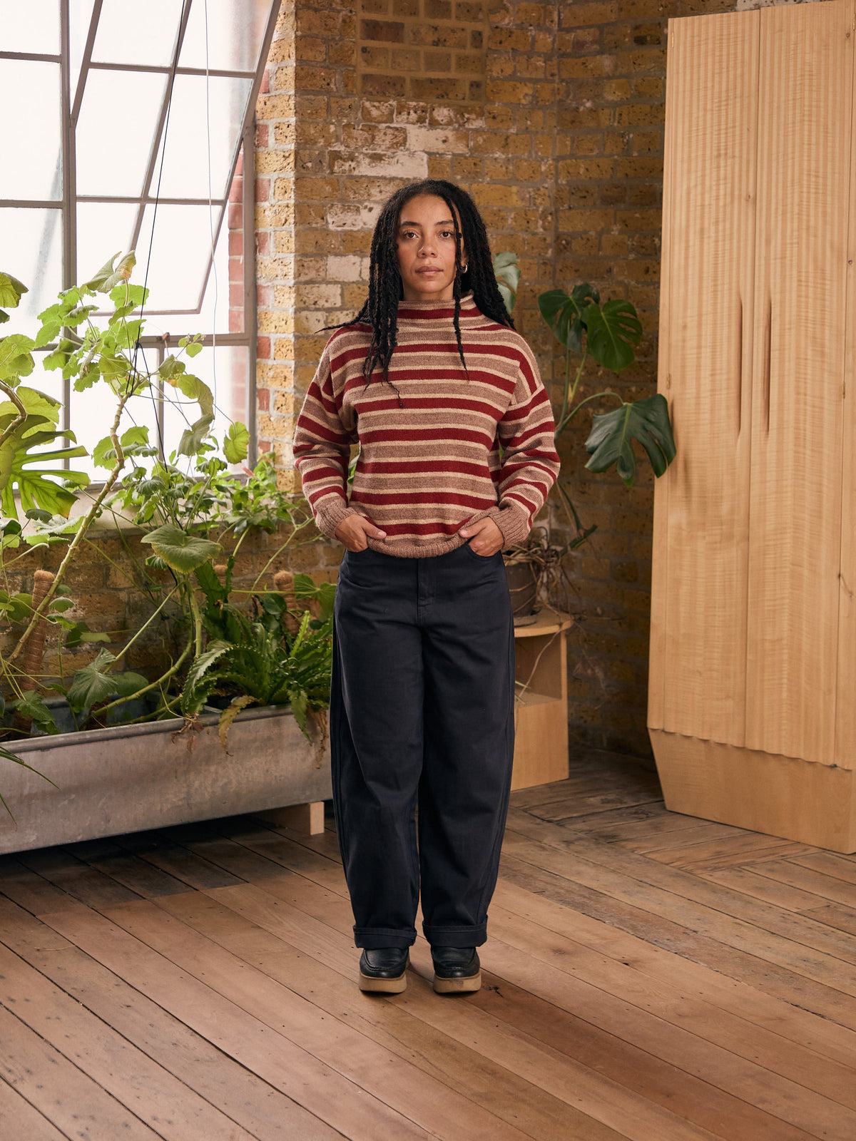 Striped Funnel Neck Sweater | Rose