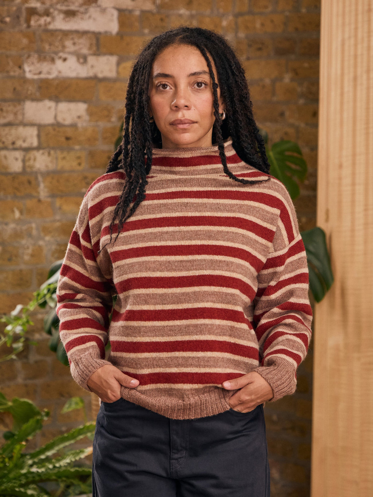 Striped Funnel Neck Sweater | Rose