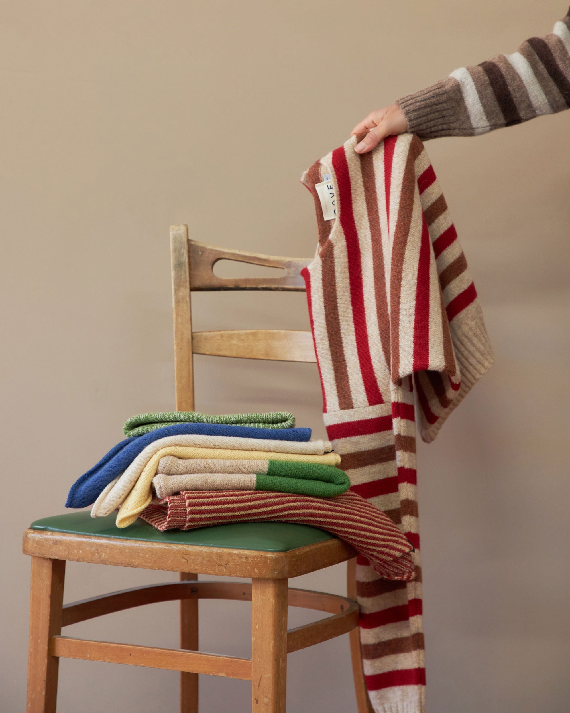 Womens lambswool crew neck knitted striped  sweater in cream and red made in the UK by ROVE