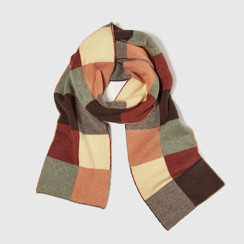 British Made Merino Chequerboard Pattern Unisex Scarf in Salmon, Light Green, Rust Red, Vole, Light Yellow & Dark Brown