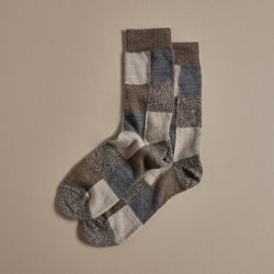 Patchwork Merino Wool Socks in Blue, Grey, Brown Marl