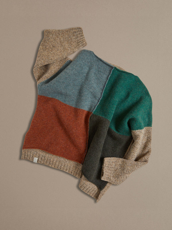 Quadrant wool jumper in Blue, Green, Grey, Rust and natural marl