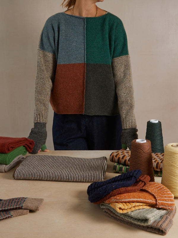 Quadrant wool jumper in Blue, Green, Grey, Rust and natural marl
