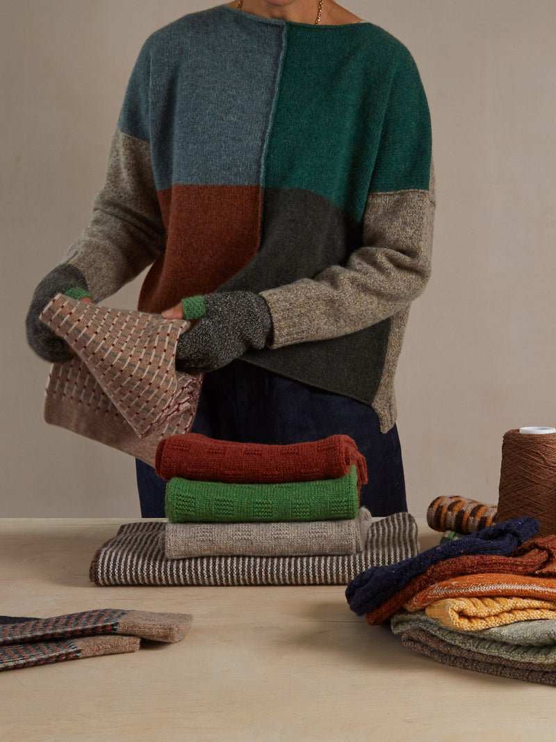Quadrant wool jumper in Blue, Green, Grey, Rust and natural marl