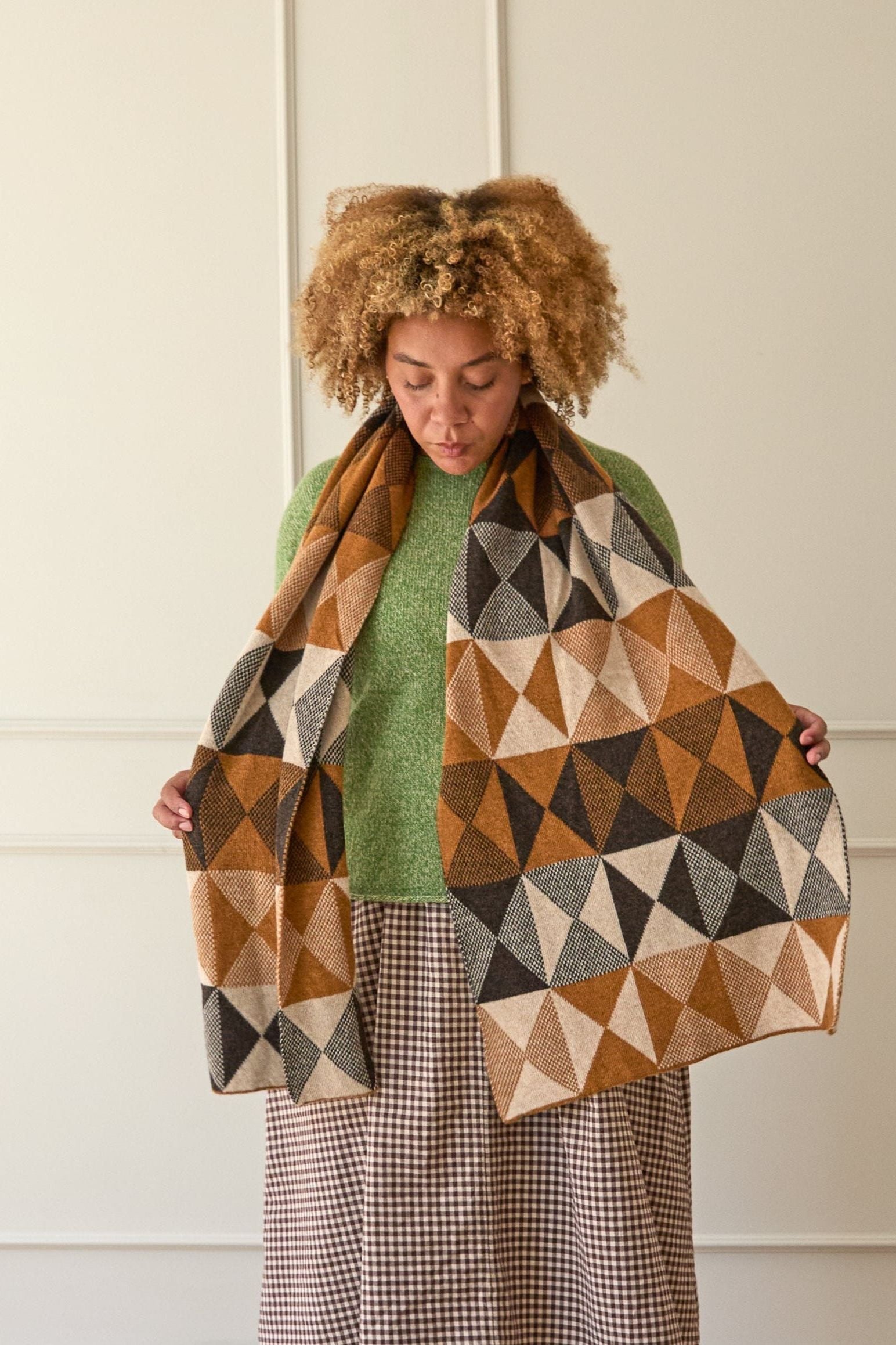 Soft geelong wool scarf in patchwork pattern tobacco and brown