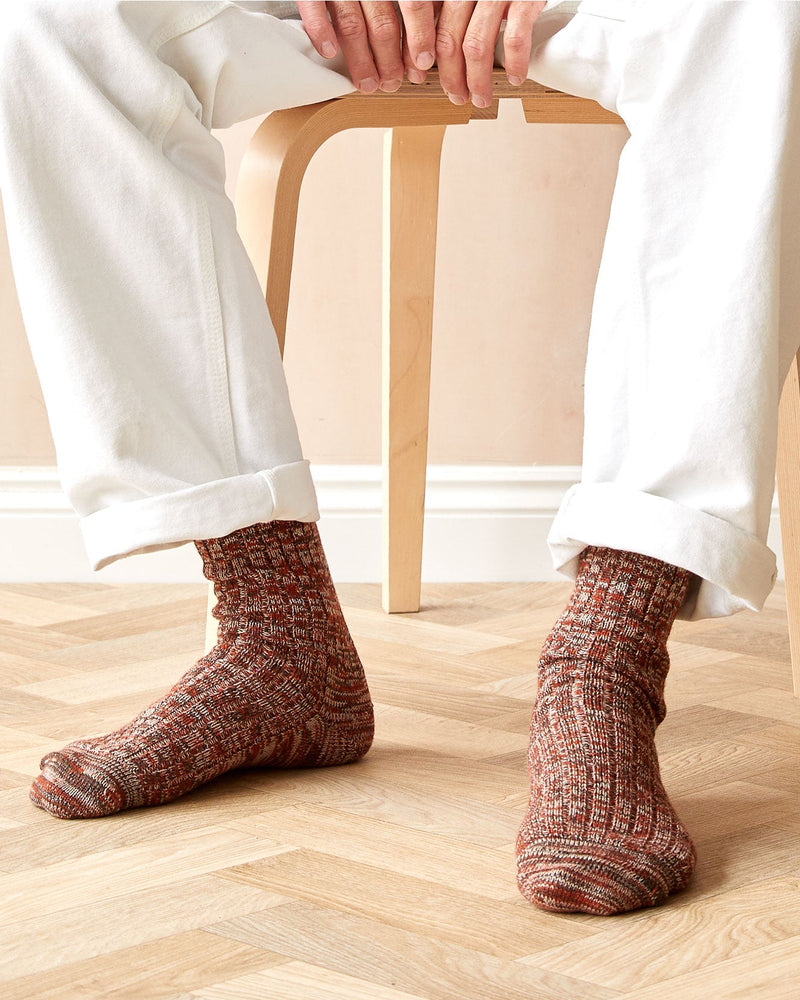 British Made Merino Wool Faltering Stripe Socks in Rust