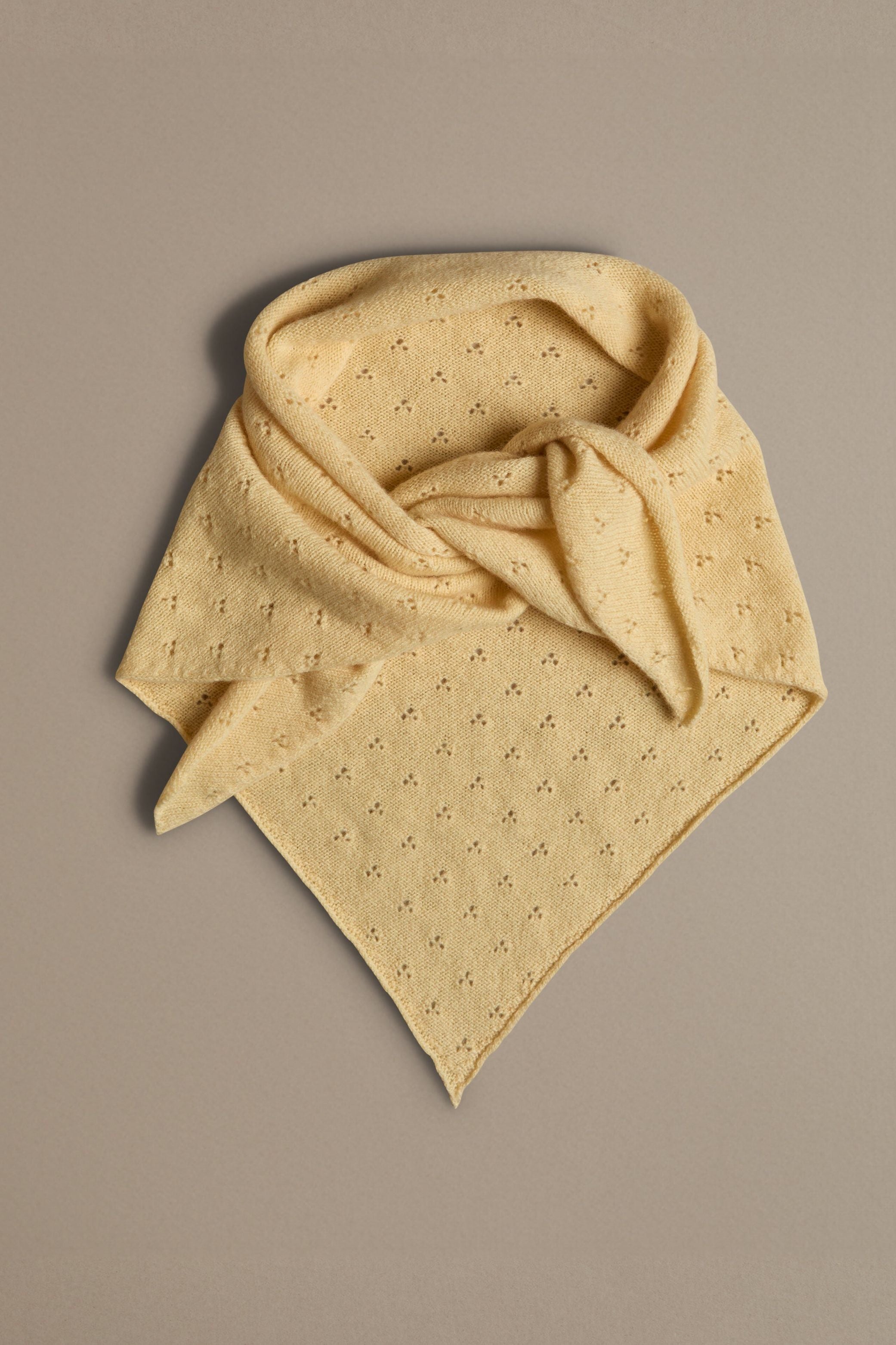 Light Yellow lace neck scarf knitted in soft lambswool. designed and made in the UK by Rove.