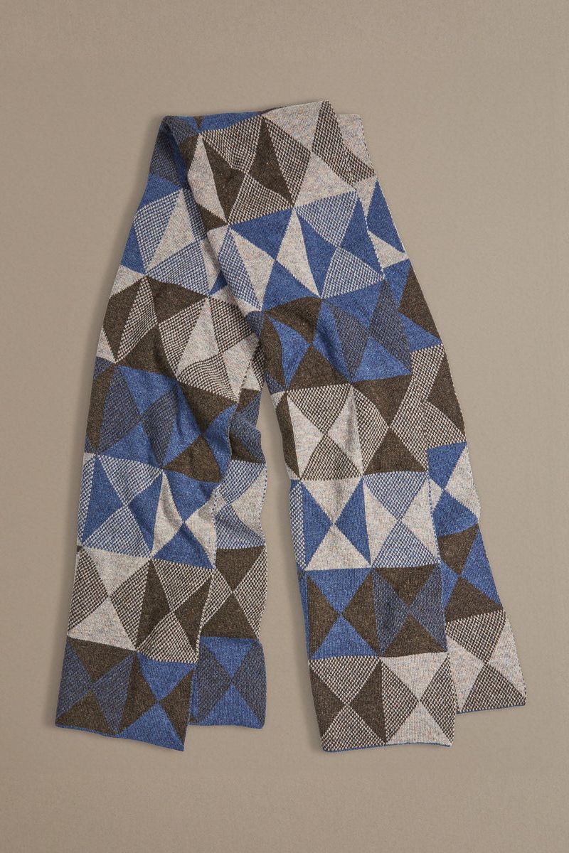 Soft geelong wool scarf in patchwork pattern blue and brown