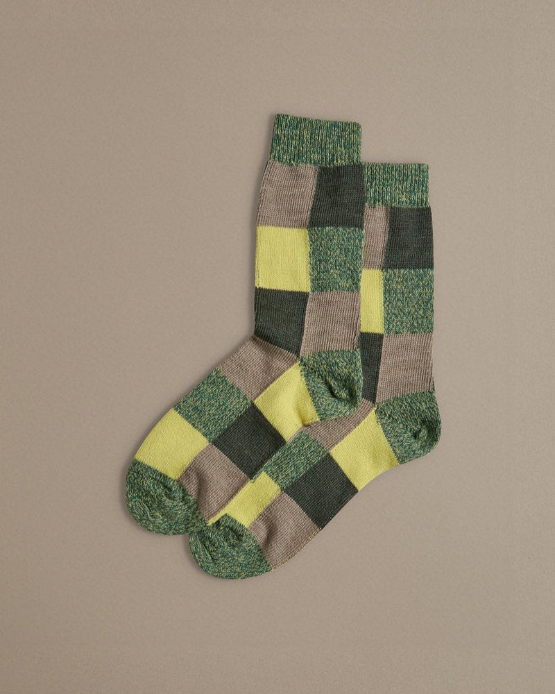 Green chequerboard merino wool socks