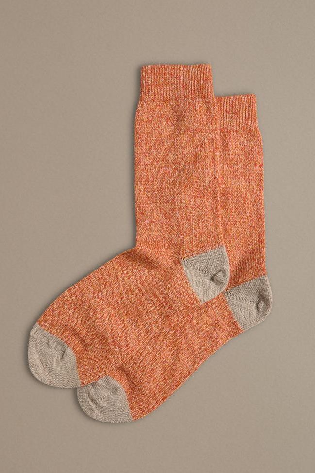 Orange wool socks with contrast toe and heel. Knitted in Merino wool, Designed and made in the UK.