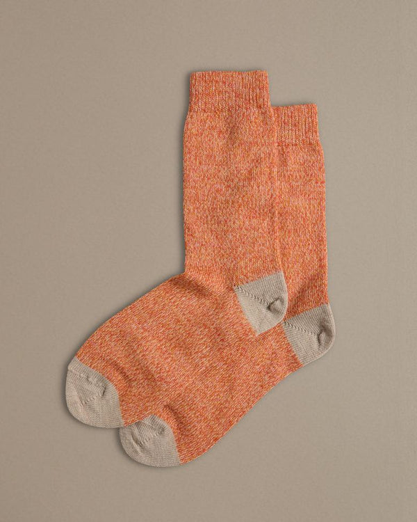 Orange wool socks with contrast toe and heel. Knitted in Merino wool, Designed and made in the UK.