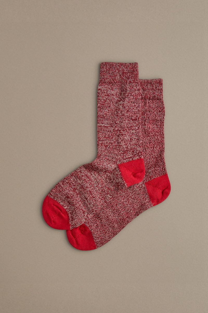 Red wool socks with contrast toe and heel. Knitted in merino wool, designed and made in Britain. 