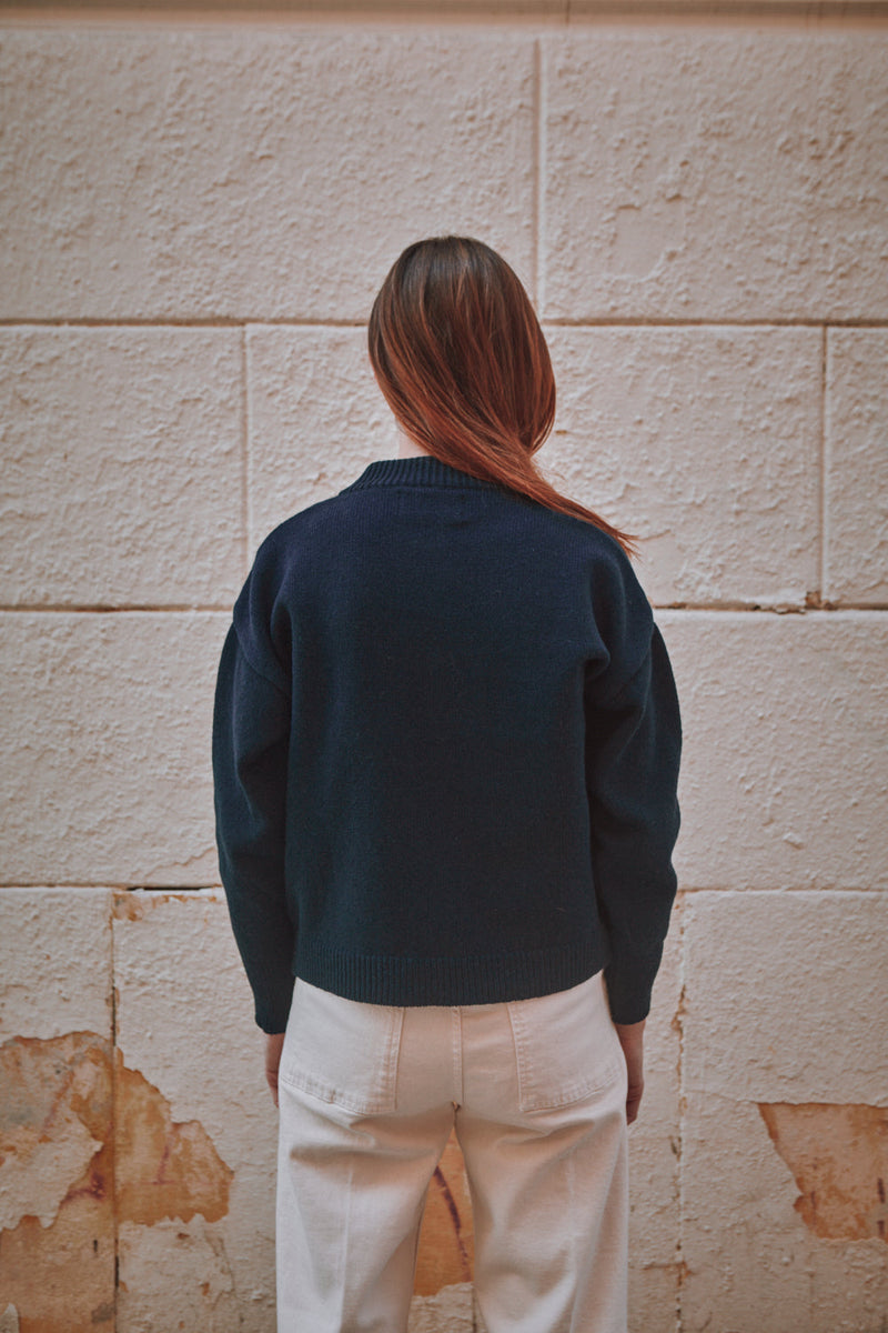 SANDRA Funnel-Neck Cardigan in Merino Wool - Navy