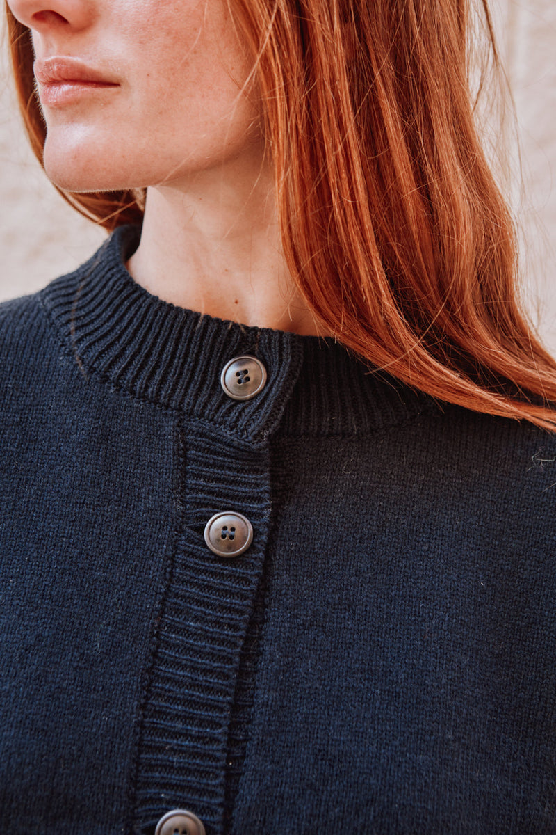 SANDRA Funnel-Neck Cardigan in Merino Wool - Navy