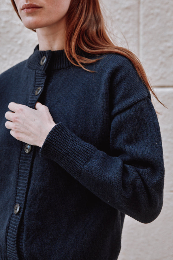 SANDRA Funnel-Neck Cardigan in Merino Wool - Navy