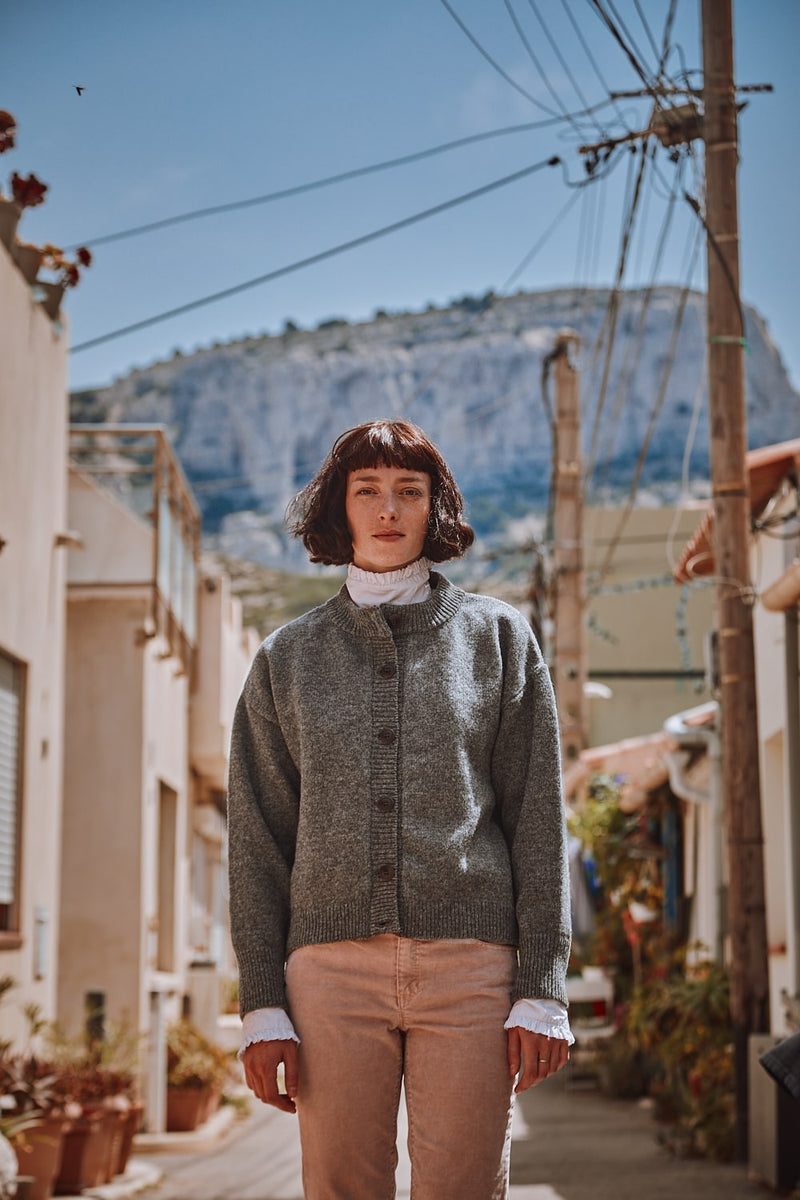 SANDRA Funnel-Neck Cardigan in Merino Wool - Ash Grey - 100% cruelty- free and sustainable knitwear - L'envers 