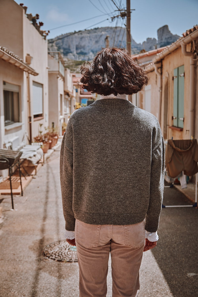 SANDRA Funnel-Neck Cardigan in Merino Wool - Ash Grey - 100% cruelty- free and sustainable knitwear - L'envers 