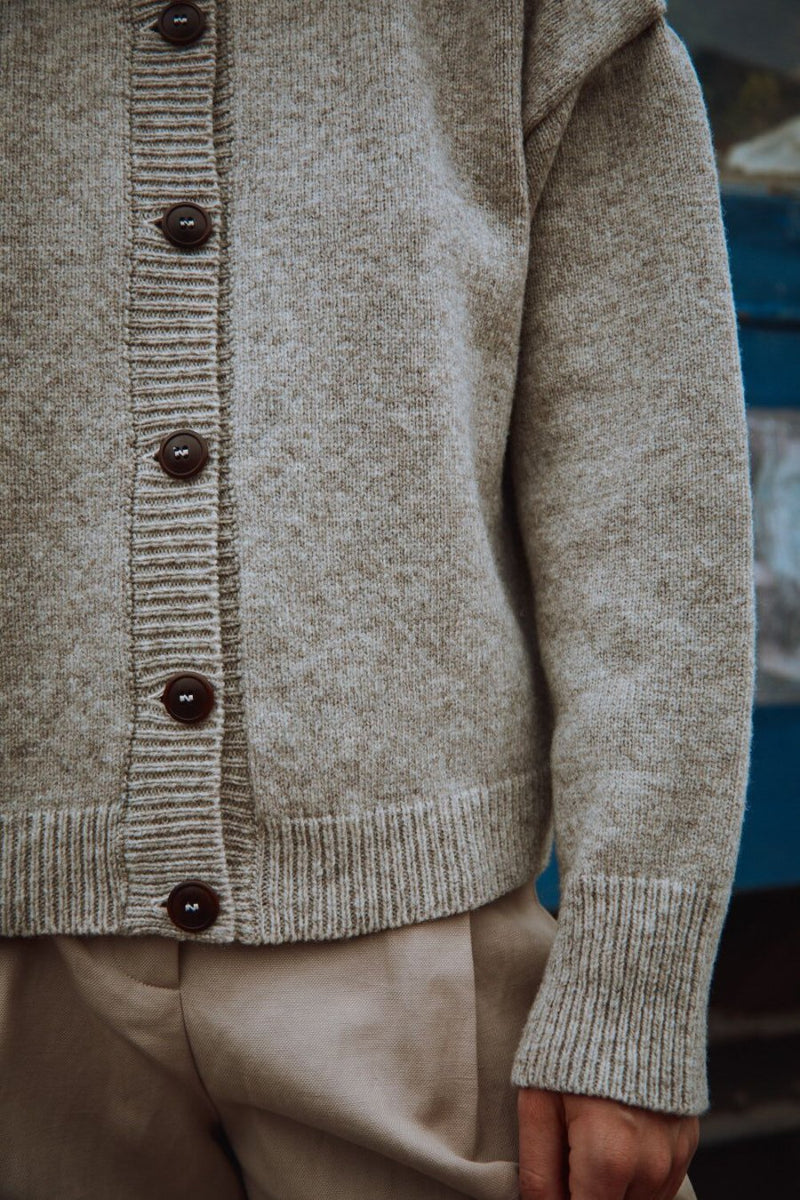 SANDRA Funnel-Neck Cardigan in Merino Wool - Beige. 100% cruelty- free and sustainable knitwear - L'envers 