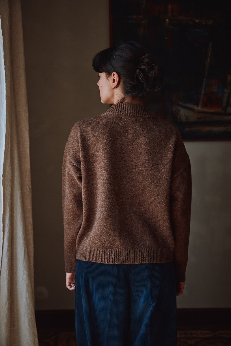 SANDRA Funnel-Neck Cardigan in Merino Wool - Chocolate - 100% cruelty- free and sustainable knitwear - L'envers 