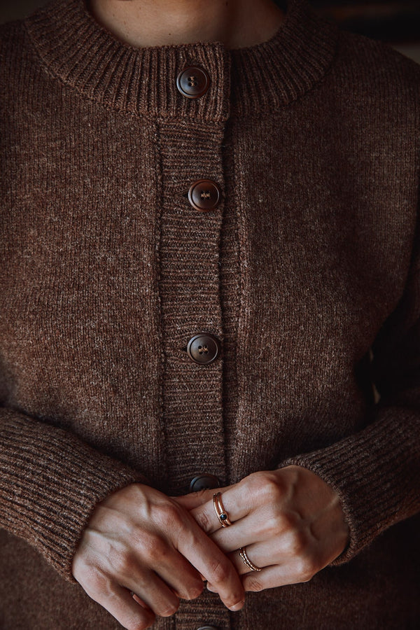 SANDRA Funnel-Neck Cardigan in Merino Wool - Chocolate - 100% cruelty- free and sustainable knitwear - L'envers 