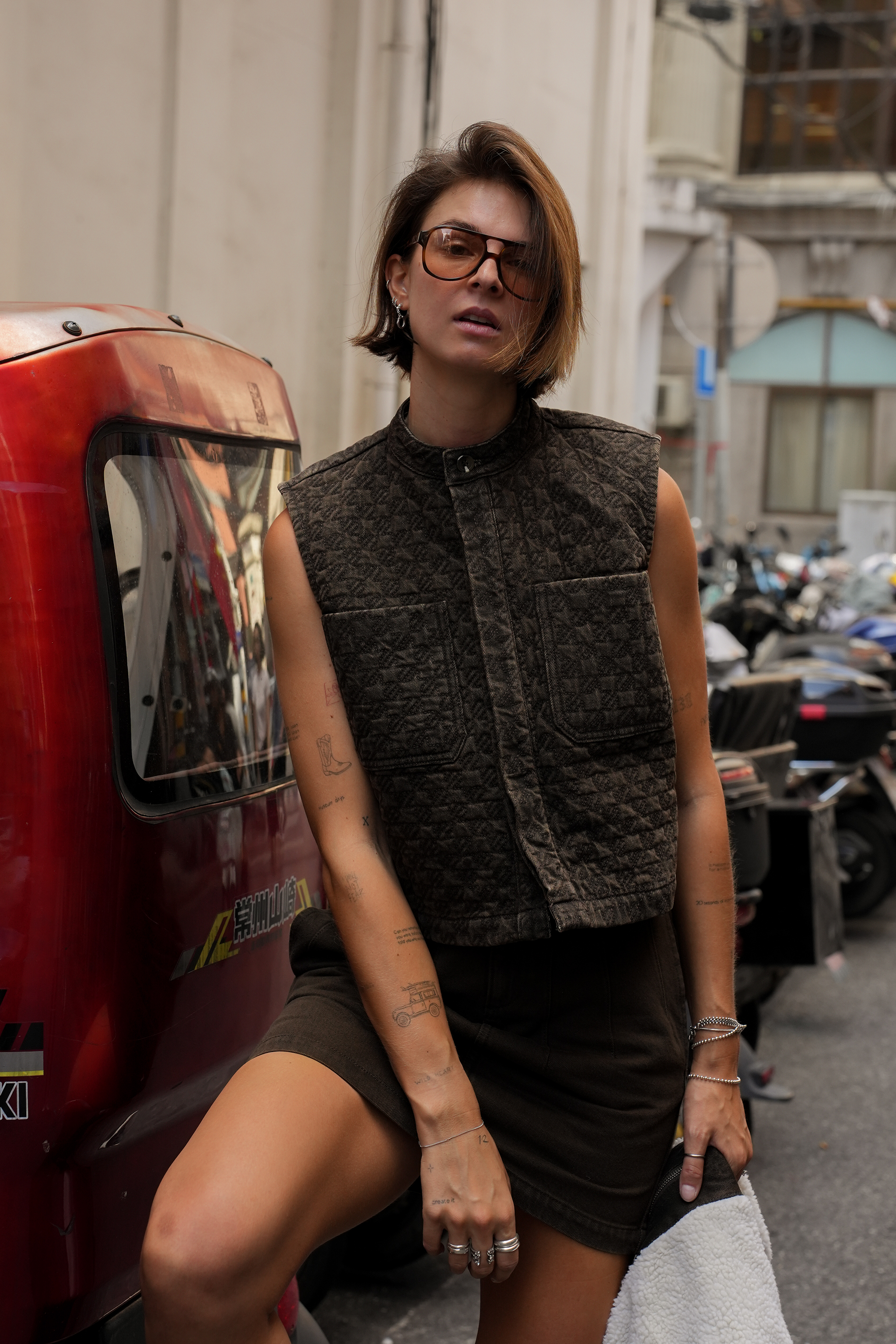 Pablo Quilted Denim Vest in Houndstooth Cacao