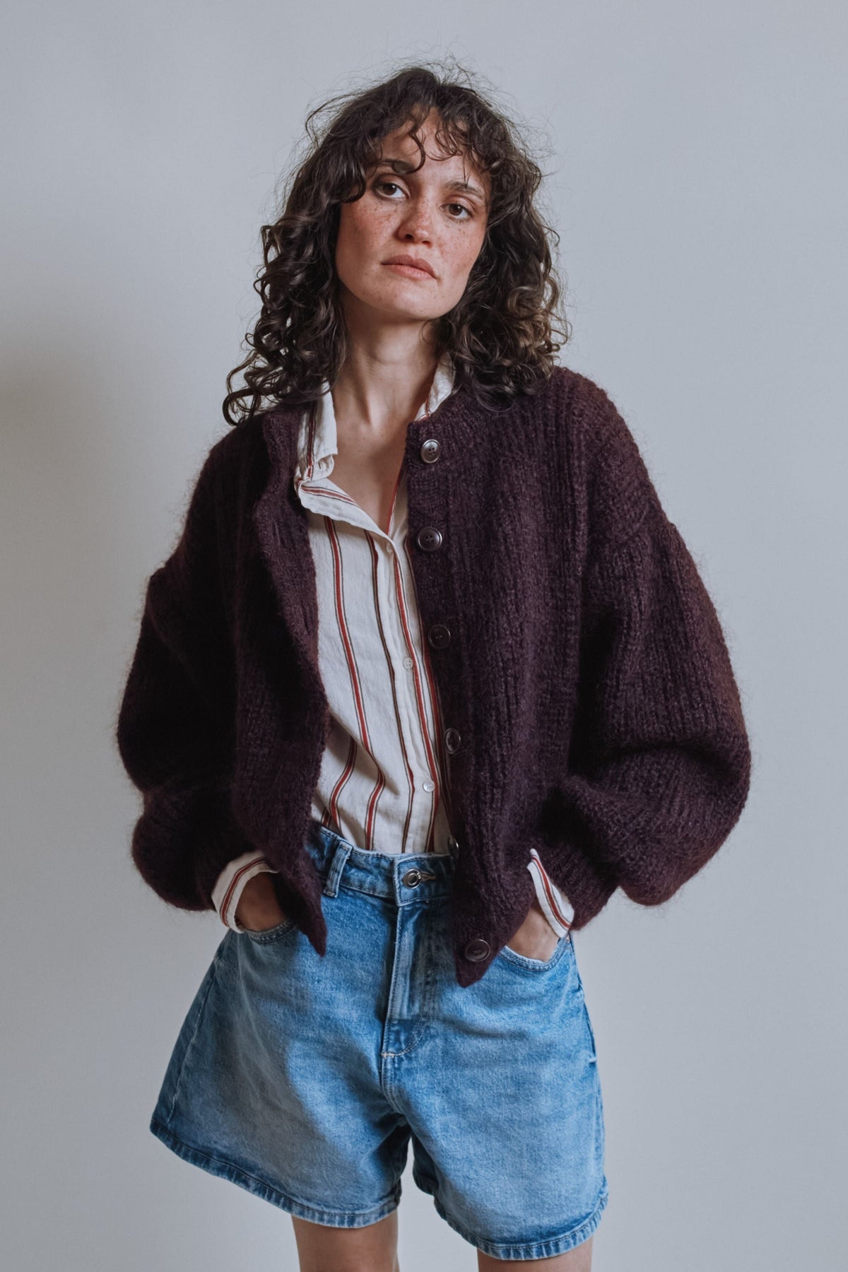 DIANA Balloon-Sleeve Cardigan in Mohair Wool - Plum