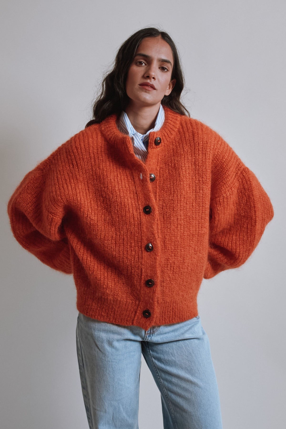 DIANA Balloon-Sleeve Cardigan in Mohair Wool - Burnt Orange
