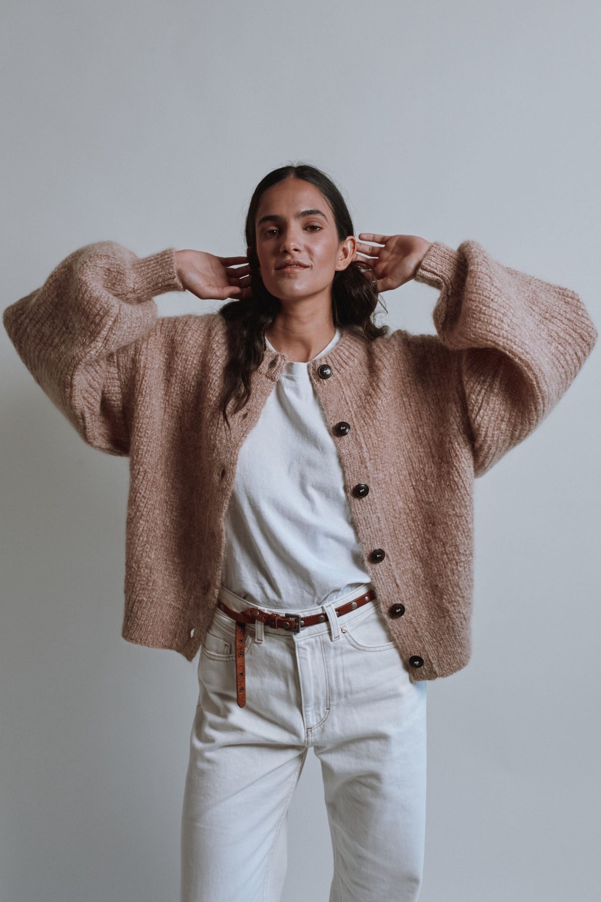 DIANA Balloon-Sleeve Cardigan in Mohair Wool - Light Pink