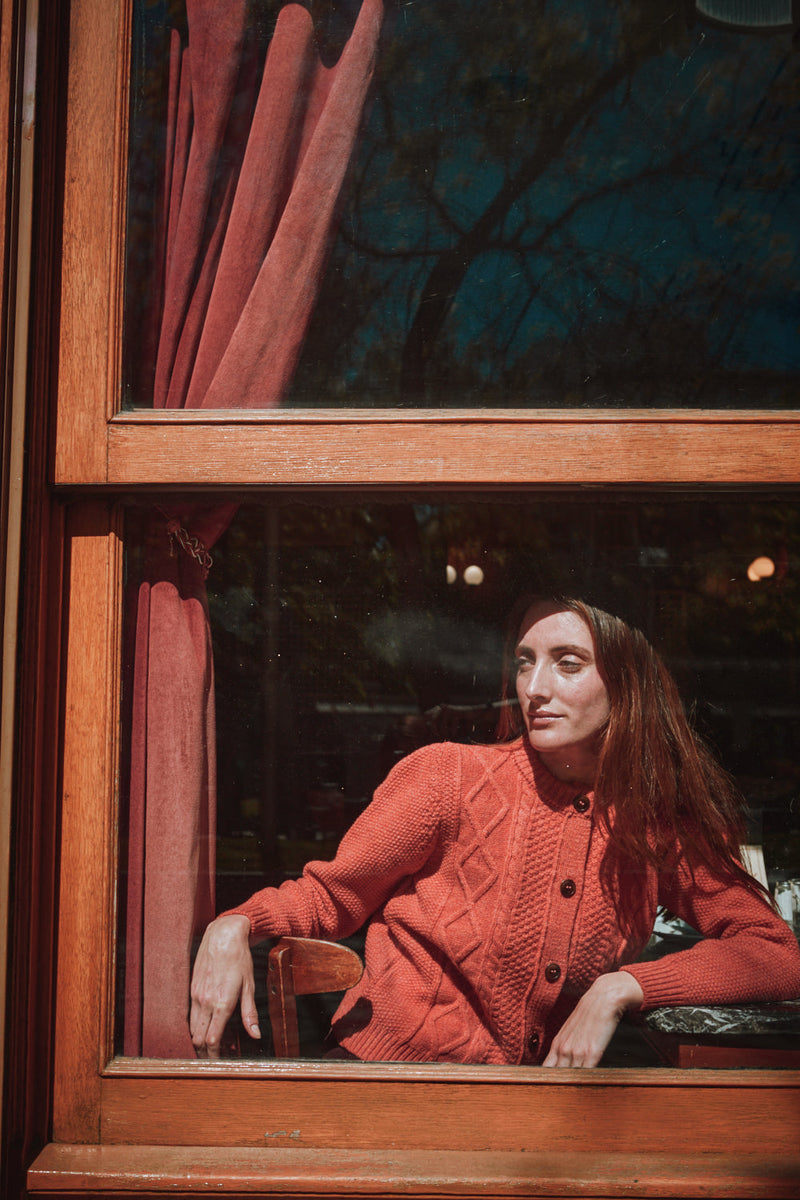 SONIA Cable Cardigan in Merino Wool - Coral