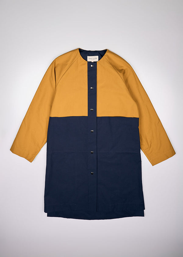 Waxed Cotton Overcoat || Mustard & Midnight Blue