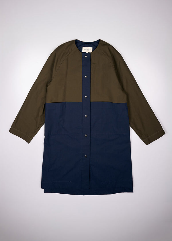 Waxed Cotton Overcoat || Dark Olive & Midnight Blue