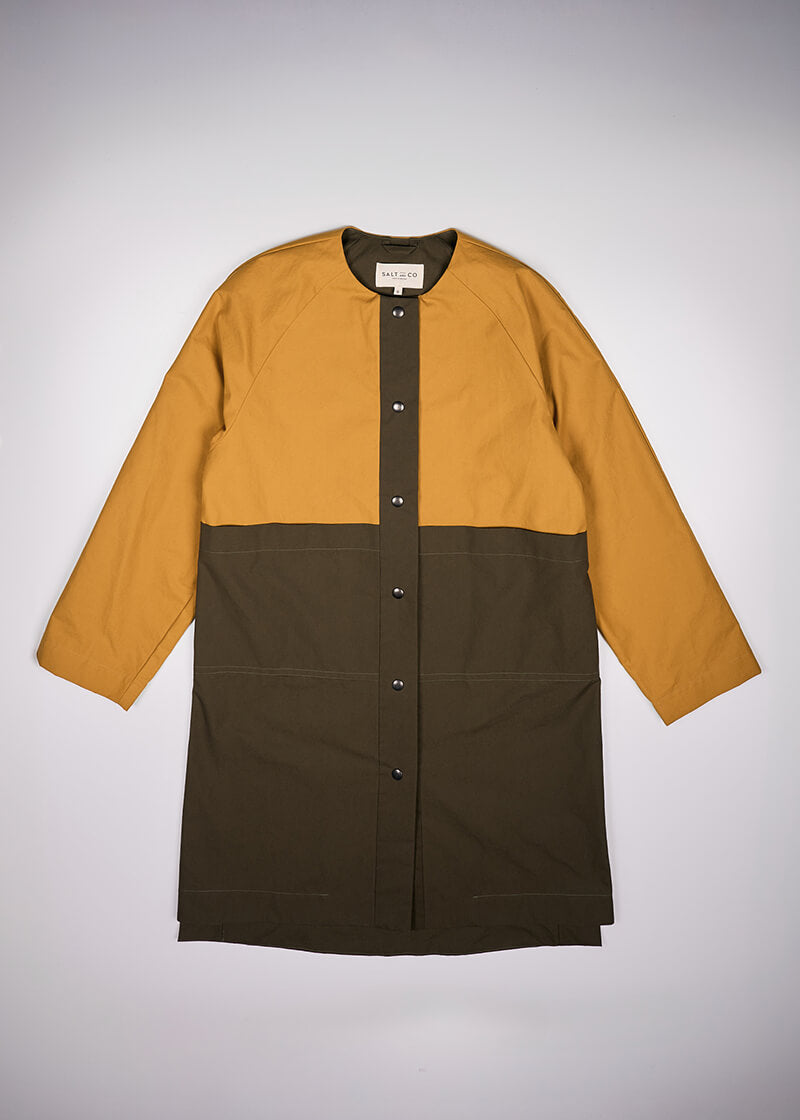 Waxed Cotton Overcoat || Mustard & Midnight Blue