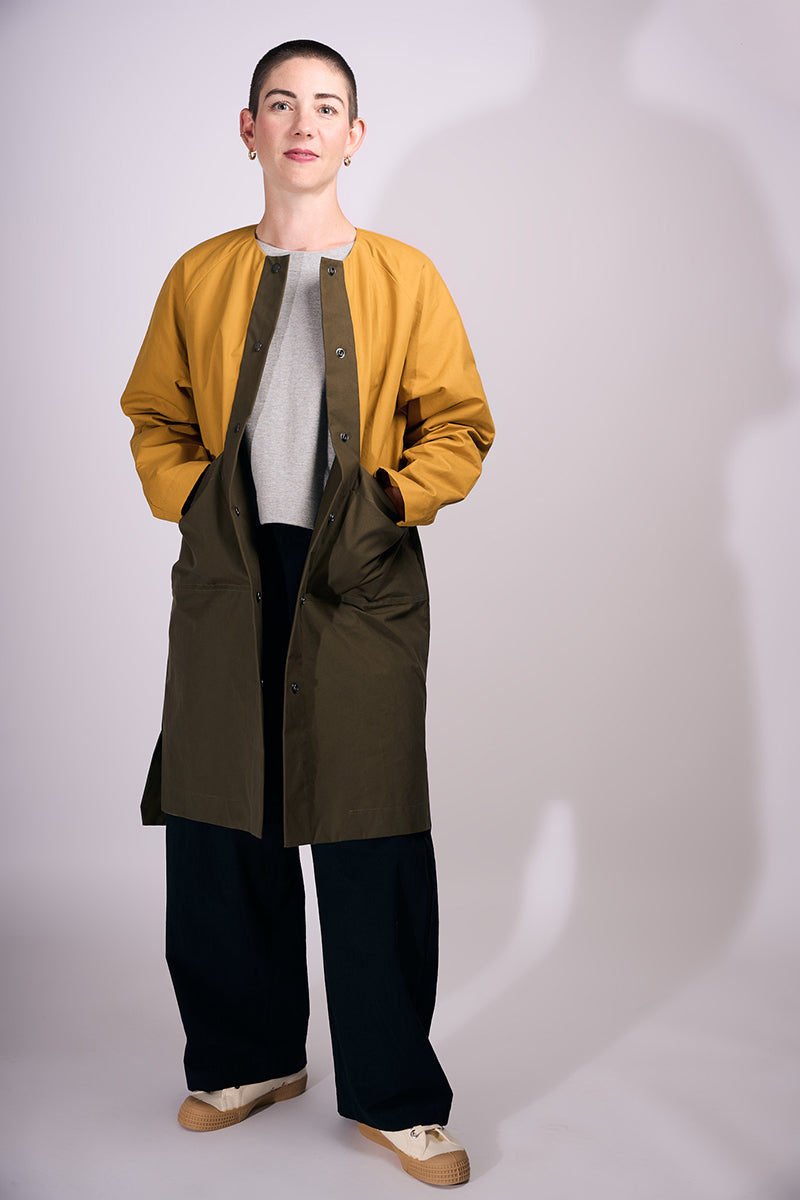 Waxed Cotton Overcoat || Mustard & Midnight Blue