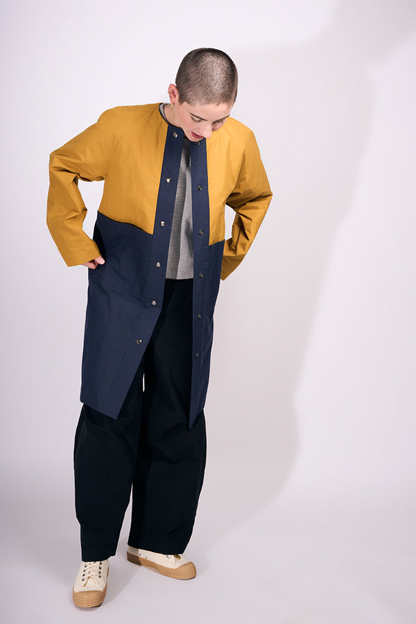 Waxed Cotton Overcoat || Mustard & Midnight Blue